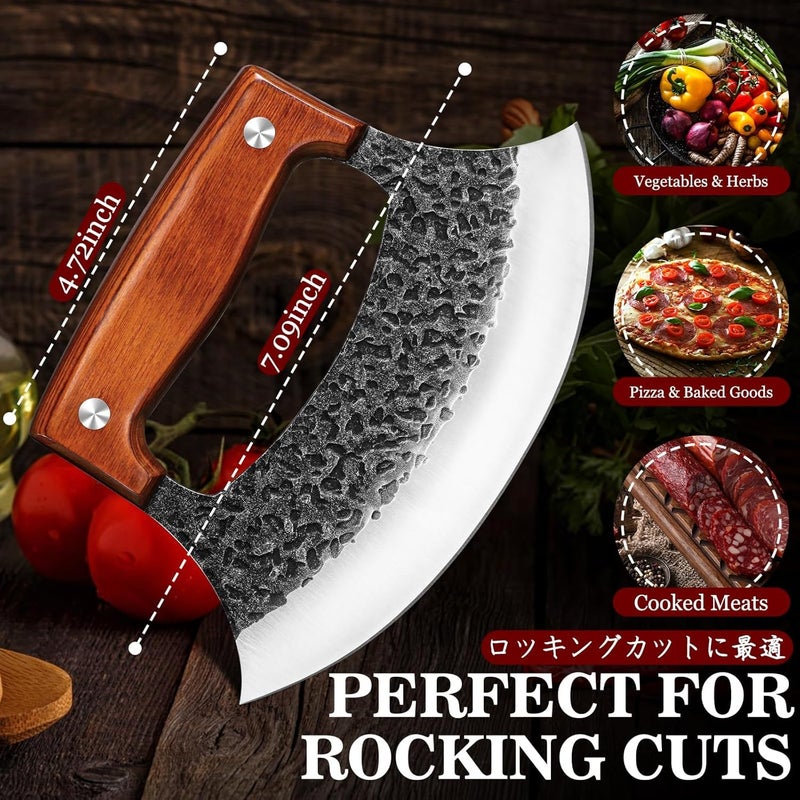 Tivoli Ulu Knife with Wooden Stand – Full Tang High Carbon Steel, Japanese-Inspired Rocker Knife with Gift Box, Mezzaluna Knife & Pizza Cutter for Kitchen, Camping & BBQ, Unique Gift for Men - Image 5